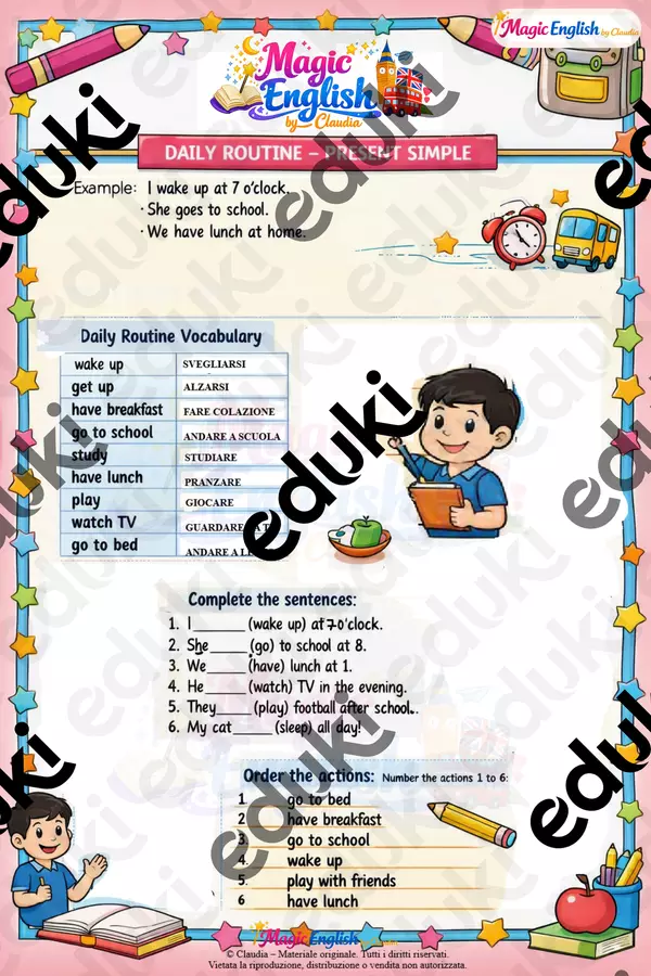 DAILY ROUTINE - REVIEW - RIPASSO PER LA CLASSE 5 Esercizi - DAILY ROUTINE - REVIEW - RIPASSO PER LA CLASSE 5 - Il Piccolo Regno Magico della Maestra Claudia - Pagina di copertina