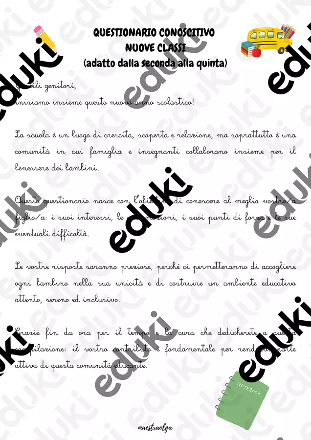 Questionario conoscitivo NUOVE CLASSI (dalla seconda alla quinta) Materiale di supporto/inclusione - Questionario conoscitivo NUOVE CLASSI (dalla seconda alla quinta) - maestraolga88 - Pagina di copertina