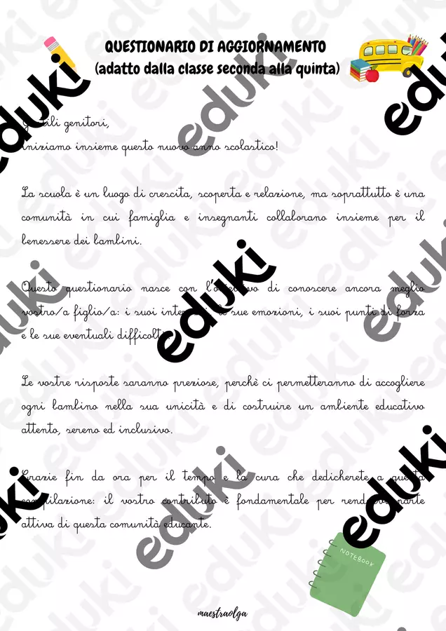 Questionario di AGGIORNAMENTO (dalla seconda alla quinta) Materiale di supporto/inclusione - Questionario di AGGIORNAMENTO (dalla seconda alla quinta) - maestraolga88 - Pagina di copertina