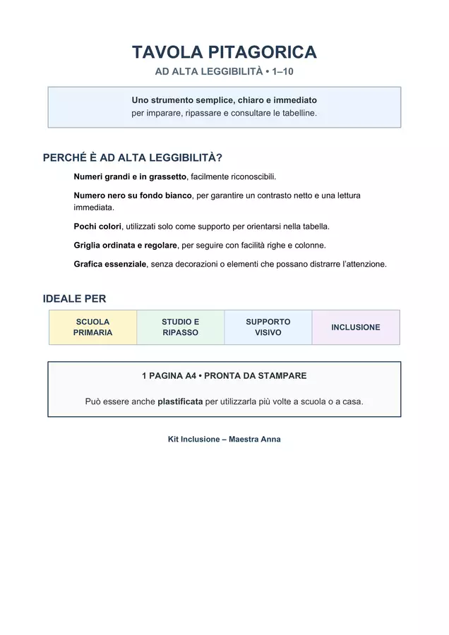 Tavola Pitagorica alta leggibilità plastificabile Esercizi - Tavola Pitagorica alta leggibilità plastificabile - Kit Inclusione - Maestra Anna - Pagina di copertina