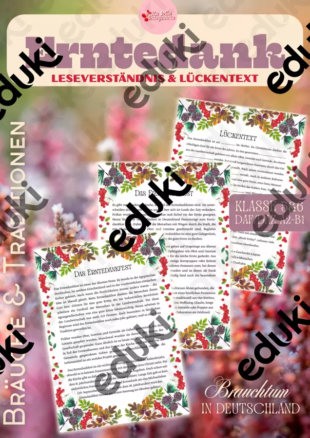 Erntedank in Deutschland – Festa del Raccolto in Germania Leseverständnis & Lückentext Tedesco Esercizi - Erntedank in Deutschland – Festa del Raccolto in Germania Leseverständnis & Lückentext Tedesco - LaMiaInsegnante - Pagina di copertina