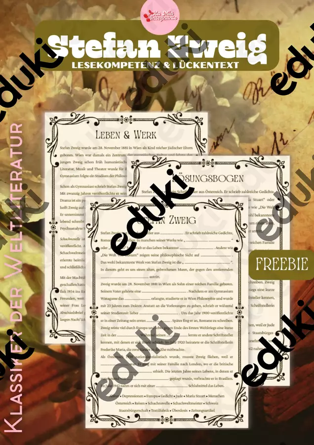 Schriftsteller Stefan Zweig La novella degli scacchi – Leben und Werk FREEBIE Esercizi - Schriftsteller Stefan Zweig La novella degli scacchi – Leben und Werk FREEBIE - LaMiaInsegnante - Pagina di copertina
