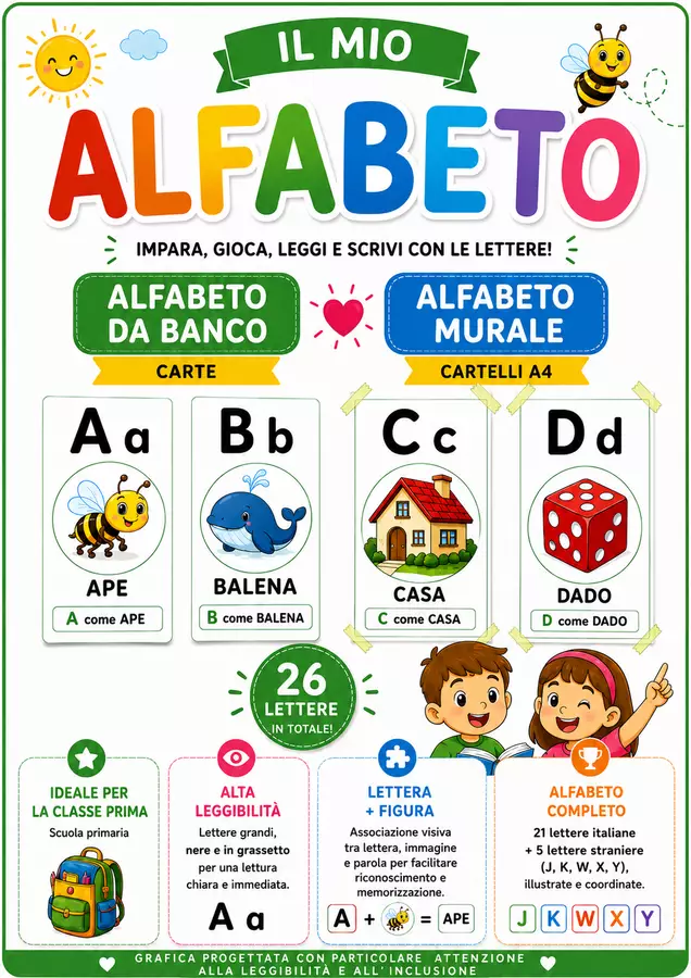 Alfabeto completo, da banco e murale Flashcard - Alfabeto completo, da banco e murale - Kit Inclusione - Maestra Anna - Pagina di copertina