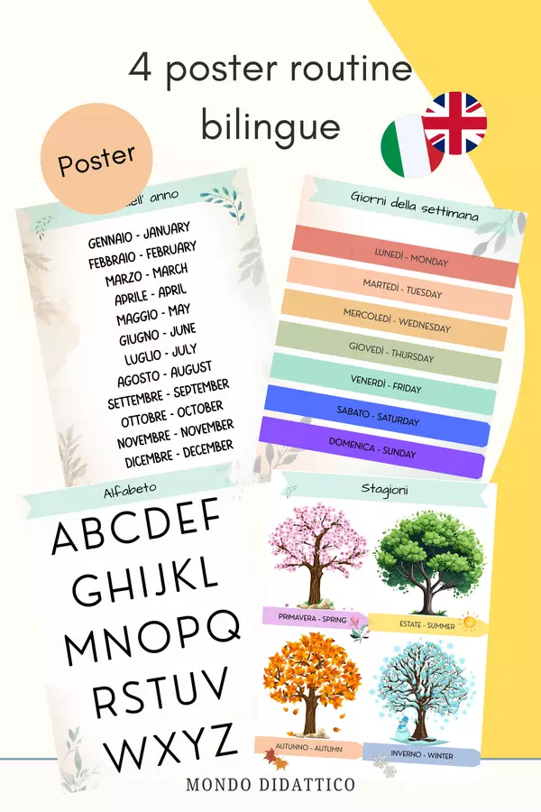 Bundle 4 Poster Bilingue: Alfabeto, Giorni, Mesi, Stagioni Poster - Bundle 4 Poster Bilingue: Alfabeto, Giorni, Mesi, Stagioni - Mondo Didattico - Pagina di copertina