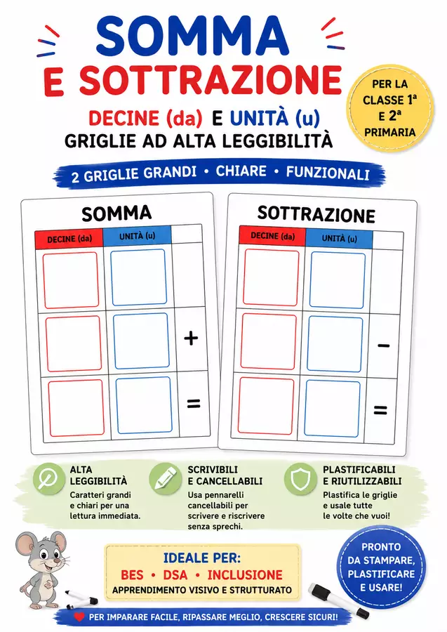 Griglia grande somma e sottrazione, plastificabile Esercizi - Griglia grande somma e sottrazione, plastificabile - Kit Inclusione - Maestra Anna - Pagina di copertina