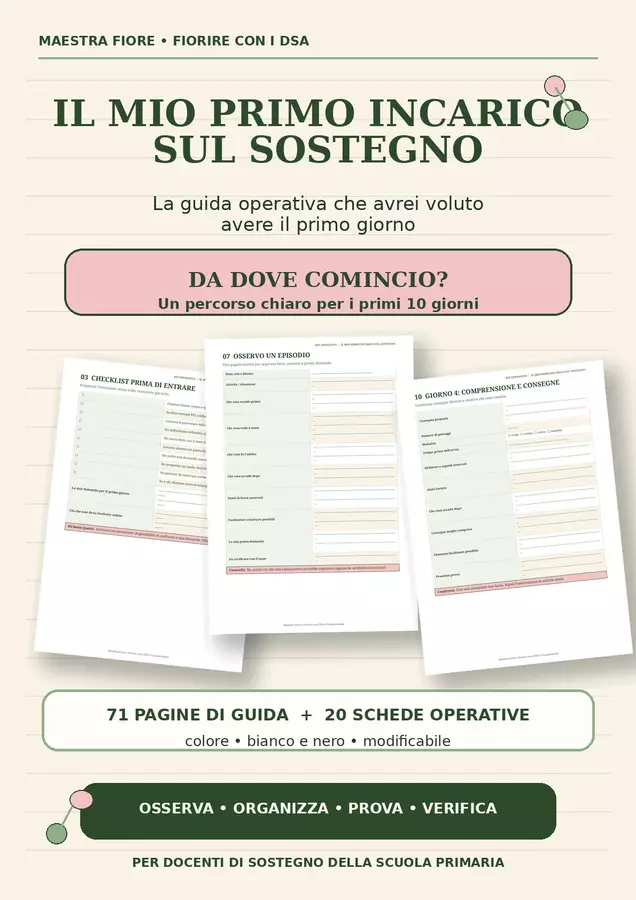 PRIMO INCARICO SUL SOSTEGNO : Kit pronto all'uso Programmi scolastici / Materiali per docenti - PRIMO INCARICO SUL SOSTEGNO : Kit pronto all'uso - Maestra Federica - Fiorire con i DSA - Pagina di copertina