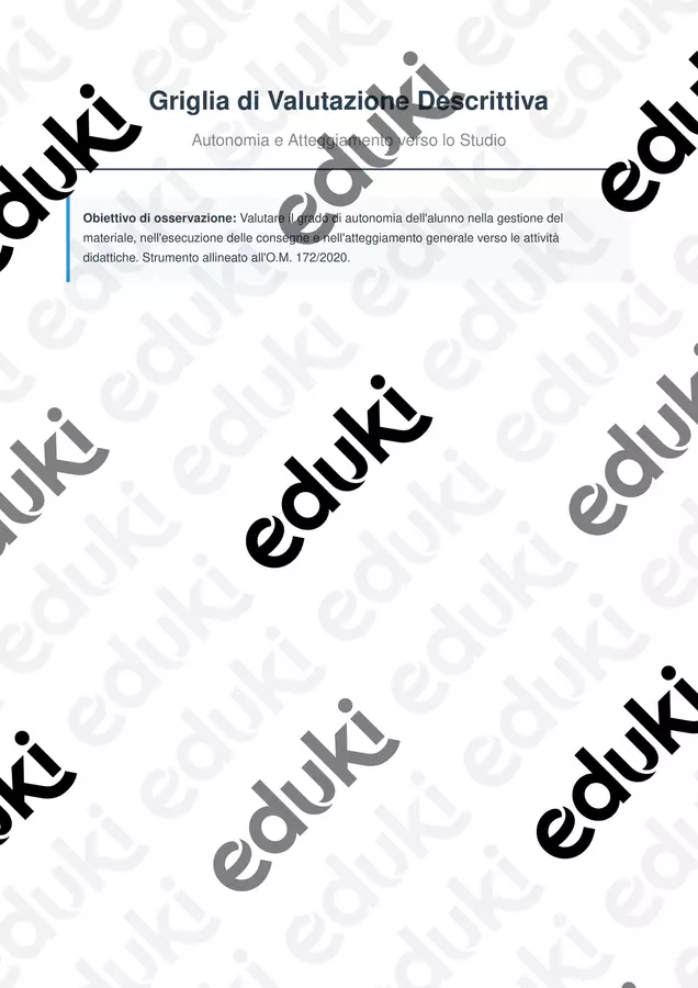 Griglia di Valutazione (OM 172/2020) Autonomia e Impegno Materiale di supporto/inclusione - Griglia di Valutazione (OM 172/2020) Autonomia e Impegno - valestudiafacile - Pagina di copertina