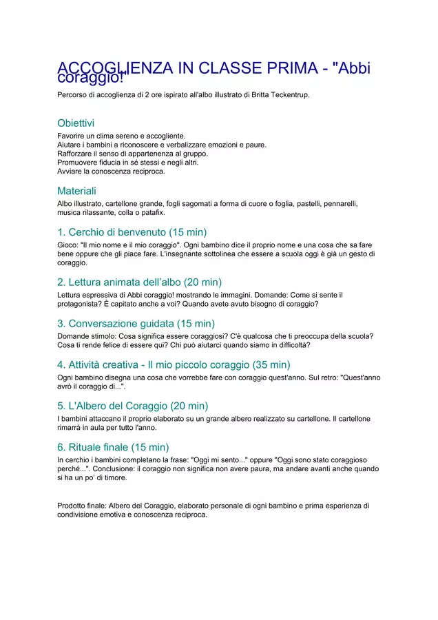 Accoglienza Classe Prima Abbi Coraggio Materiale di supporto/inclusione - Accoglienza Classe Prima Abbi Coraggio - Albi illustrati therapy - Pagina di copertina