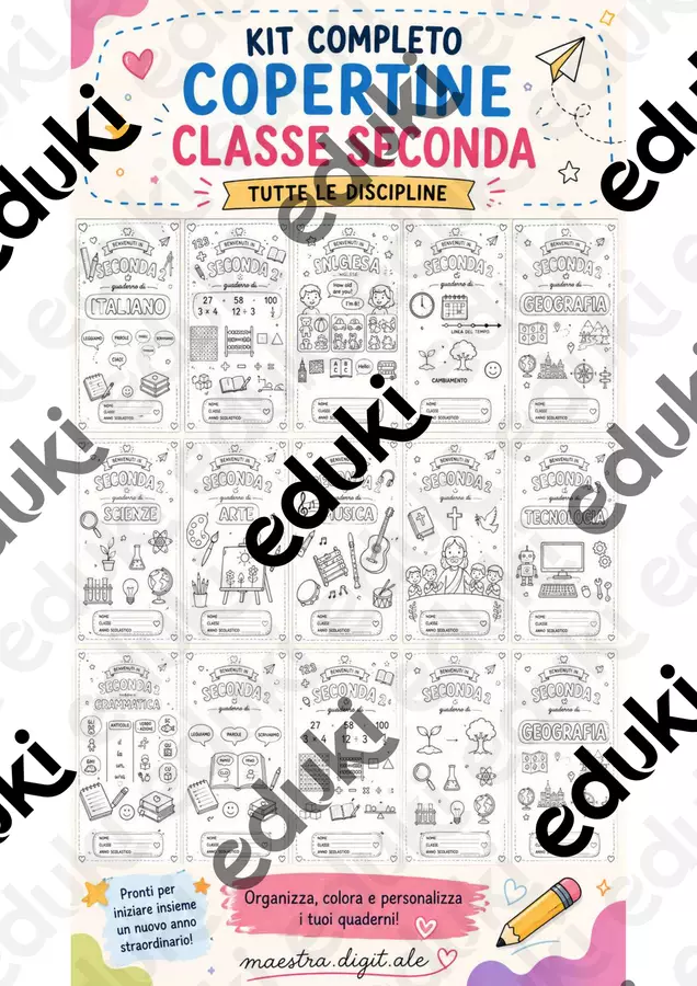 Kit copertina classe seconda (tutte le discipline) Etichette / Segnalibri - Kit copertina classe seconda (tutte le discipline) - Maestra.digit.ale - Pagina di copertina