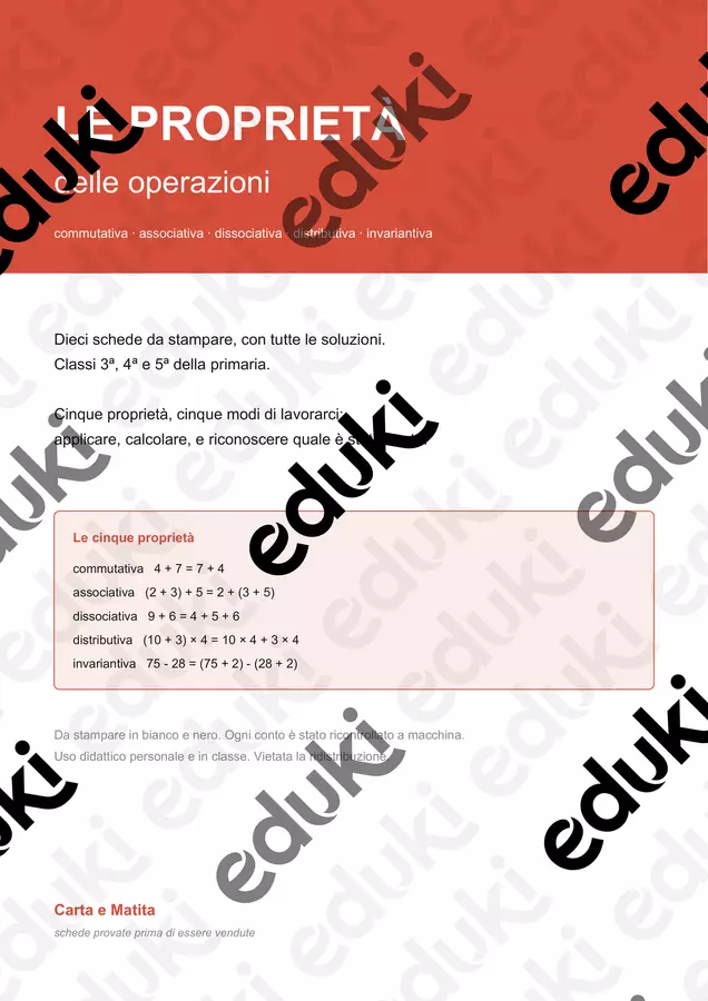 🔢 Le proprietà delle operazioni classi 3-5: 10 schede Esercizi - 🔢 Le proprietà delle operazioni classi 3-5: 10 schede - Carta e Matita - Pagina di copertina