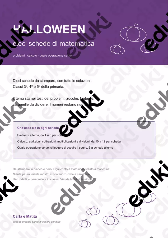 🎃 Halloween in matematica: 10 schede per le classi 3-5 Esercizi - 🎃 Halloween in matematica: 10 schede per le classi 3-5 - Carta e Matita - Pagina di copertina