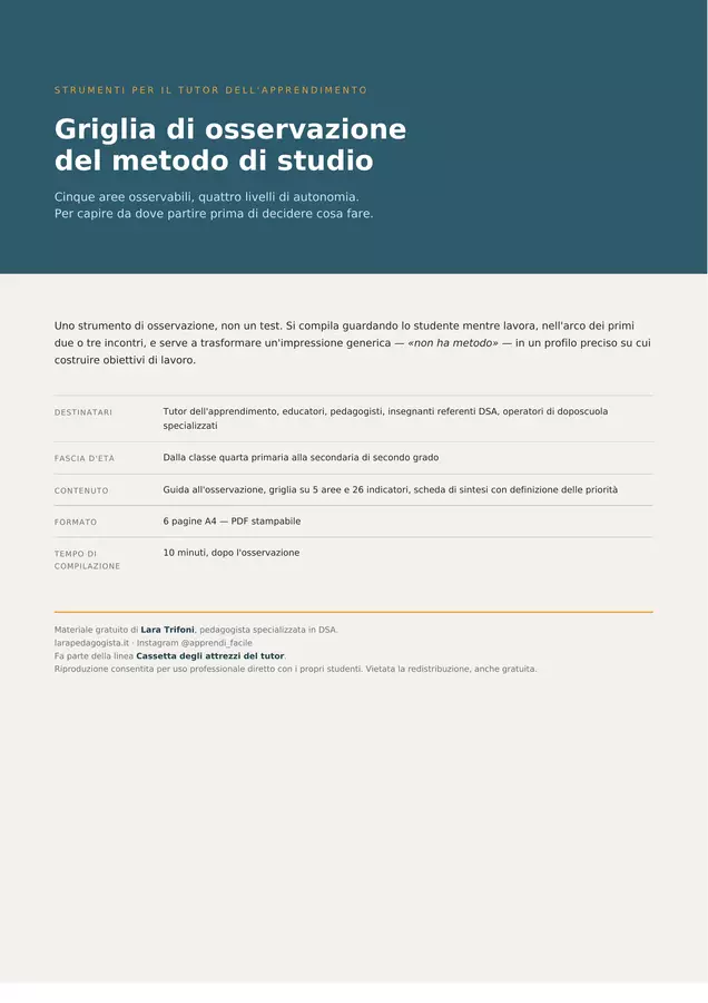 Griglia di osservazione del metodo di studio | DSA e BES Materiale di supporto/inclusione - Griglia di osservazione del metodo di studio | DSA e BES - Apprendifacile - Pagina di copertina