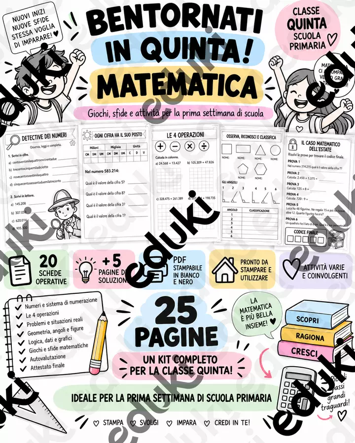 Matematica Classe Quinta – Attività Prima Settimana di Scuola | Ripasso, Giochi e Sfide | PDF Stampabile Compiti in classe/Test - Matematica Classe Quinta – Attività Prima Settimana di Scuola | Ripasso, Giochi e Sfide | PDF Stampabile - Il Banco Creativo - Pagina di copertina