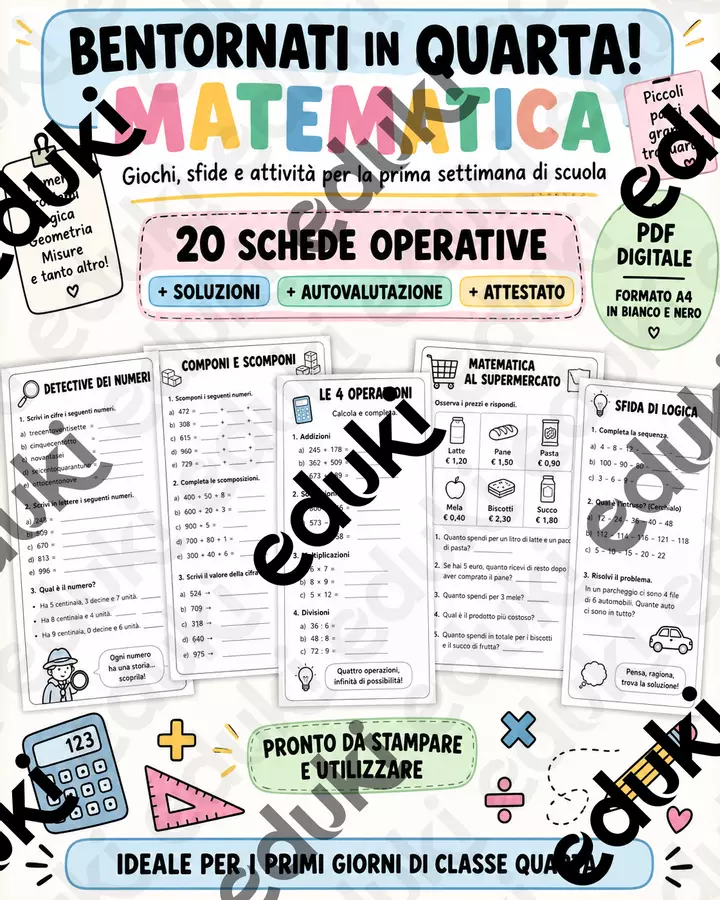 Bentornati in quarta! Matematica – Giochi, sfide e attività per la prima settimana di scuola Esercizi - Bentornati in quarta! Matematica – Giochi, sfide e attività per la prima settimana di scuola - Il Banco Creativo - Pagina di copertina