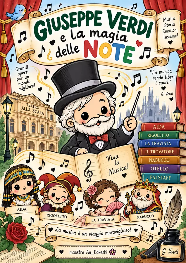 Giuseppe Verdi e la magia delle note Materiale di supporto/inclusione - Giuseppe Verdi e la magia delle note - Maestra An_ Kokeshi - Pagina di copertina