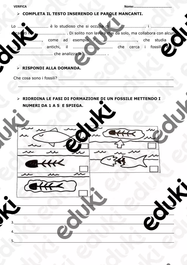 VERIFICA: STORICO, FONTI, MISURE DI TEMPO, FOSSILIZZAZIONE. Esercizi - VERIFICA: STORICO, FONTI, MISURE DI TEMPO, FOSSILIZZAZIONE. - Maestra Lorena - Pagina di copertina