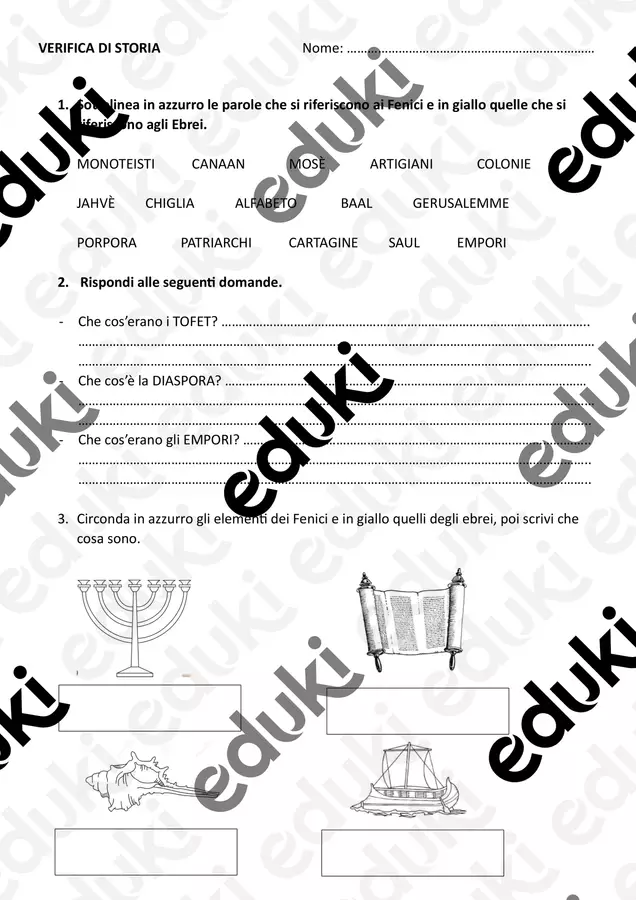 VERIFICA: LE CIVILTA' DEI FENICI E DEGLI EBREI Esercizi - VERIFICA: LE CIVILTA' DEI FENICI E DEGLI EBREI - Maestra Lorena - Pagina di copertina