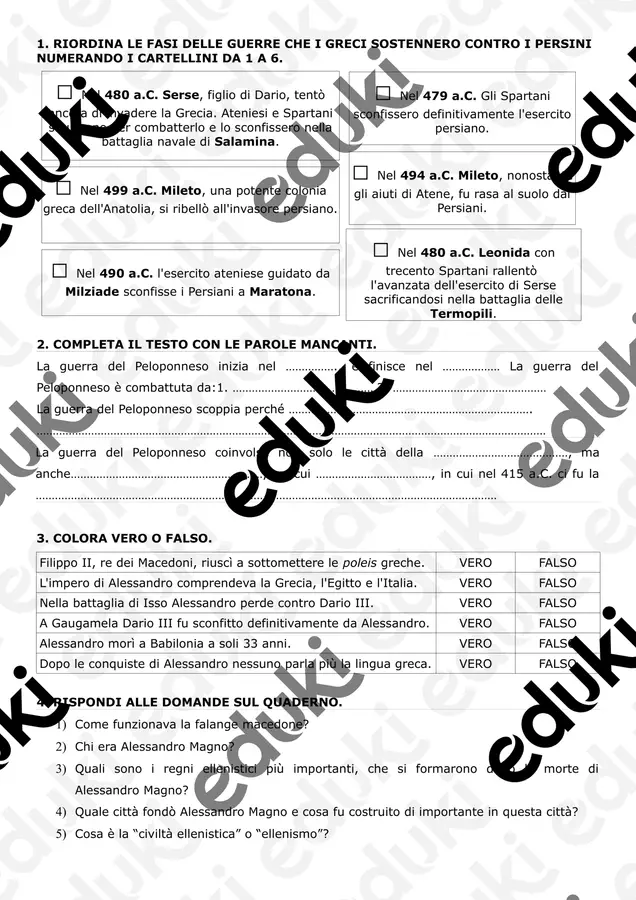 VERIFICA SU PERSIANI E MACEDONI Esercizi - VERIFICA SU PERSIANI E MACEDONI - Maestra Lorena - Pagina di copertina