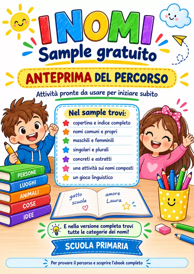 I nomi – giochi ed esercizi per la scuola primaria Esercizi - I nomi – giochi ed esercizi per la scuola primaria - Maestro Fabio Giochiecolori - Pagina di copertina