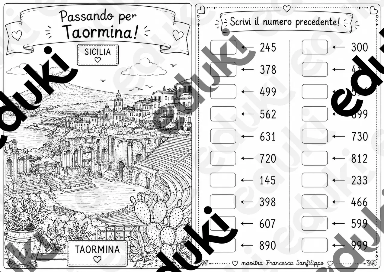 Scrivi il numero precedente - Taormina Esercizi - Scrivi il numero precedente - Taormina - Schede didattiche - Pagina di copertina