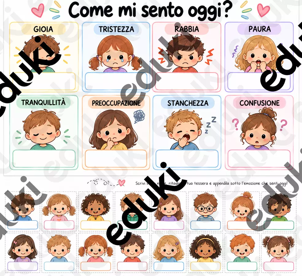 Come mi sento oggi? – Cartellone delle emozioni per la classe + tessere personalizzabili Materiale di supporto/inclusione - Come mi sento oggi? – Cartellone delle emozioni per la classe + tessere personalizzabili - Erika - La tua pedagogista - Pagina di copertina