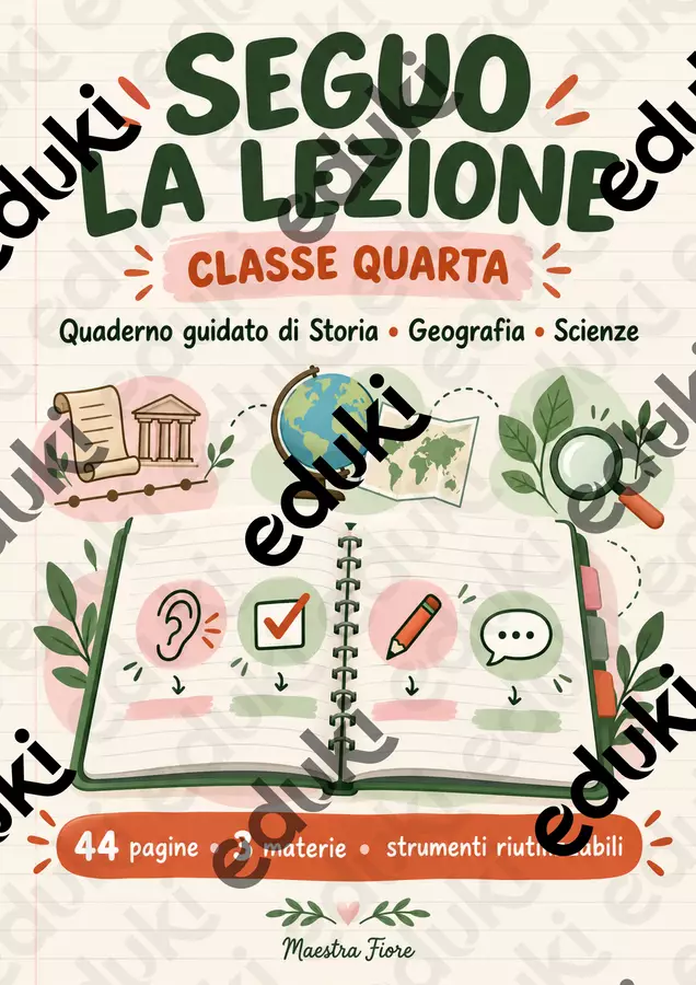 Seguo la lezione Quaderno guidato di Storia, Geografia e Scienze Materiale di supporto/inclusione - Seguo la lezione Quaderno guidato di Storia, Geografia e Scienze - Maestra Fiore - Fiorire con i DSA - Pagina di copertina