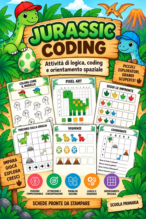 Coding e logica tema dinosauri -
Primaria Esercizi - Coding e logica tema dinosauri -
Primaria - Edugiocando - Pagina di copertina