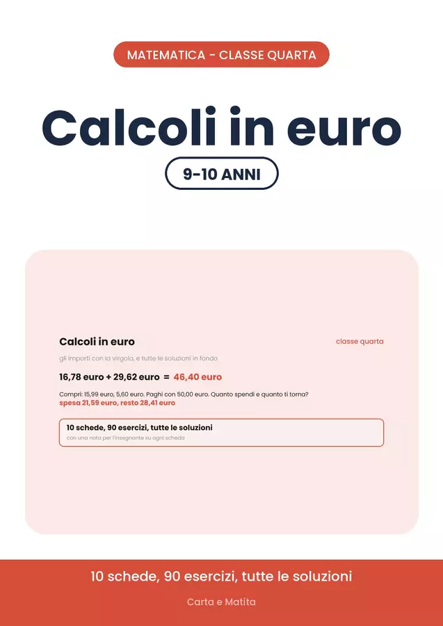 💶 Calcoli in euro classe quarta: la virgola in colonna Esercizi - 💶 Calcoli in euro classe quarta: la virgola in colonna - Carta e Matita - Pagina di copertina