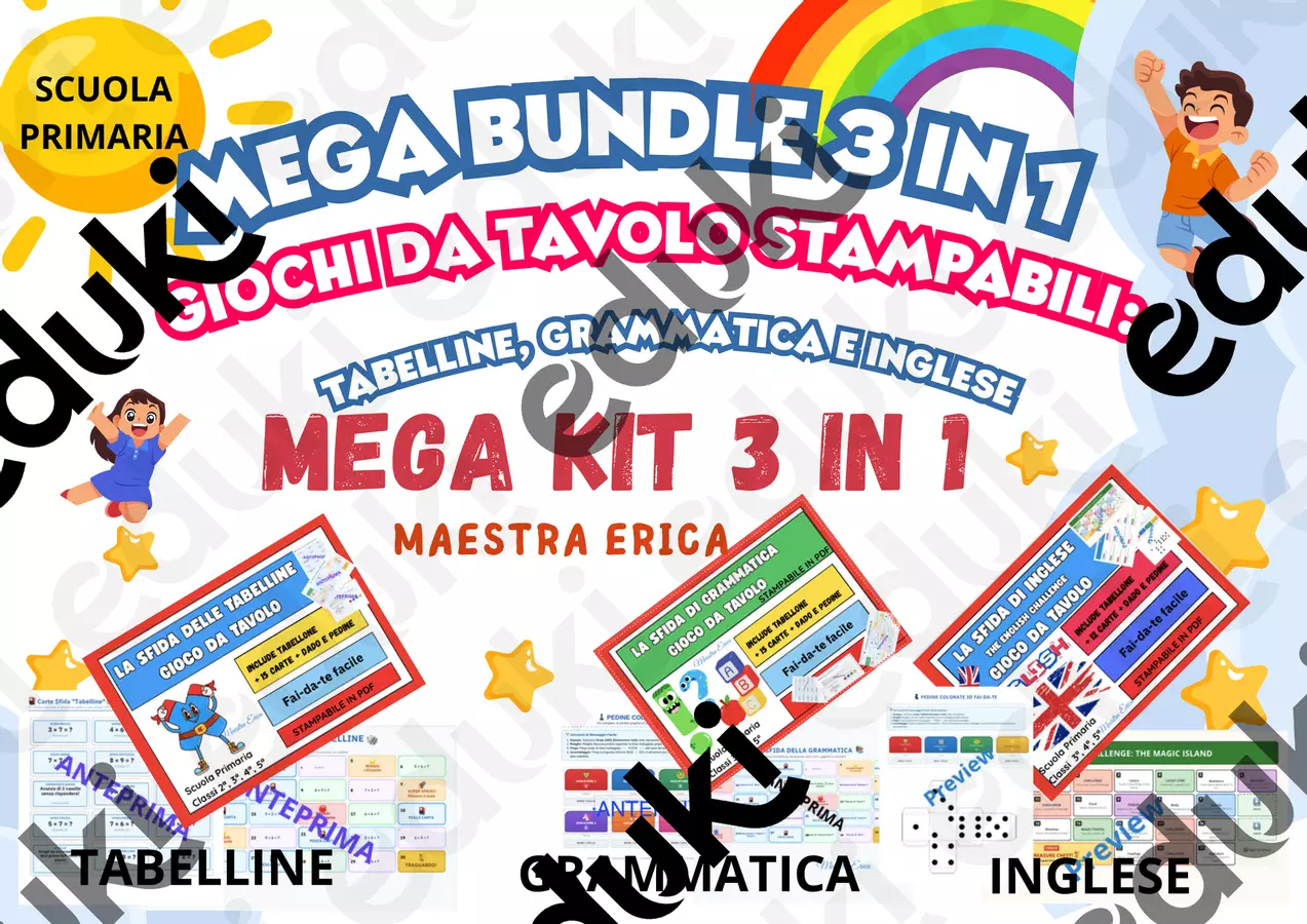 MEGA BUNDLE 3 IN 1 - Giochi da tavolo stampabili: tabelline, grammatica e inglese Giochi - MEGA BUNDLE 3 IN 1 - Giochi da tavolo stampabili: tabelline, grammatica e inglese - Maestra Erri - Pagina di copertina
