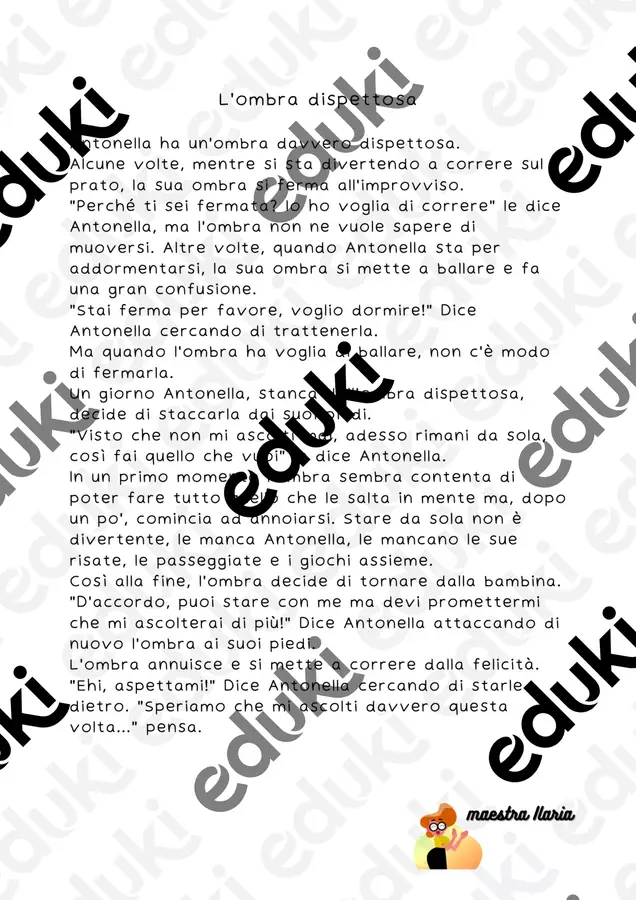 L'ombra dispettosa - Testo ed esercizi Esercizi - L'ombra dispettosa - Testo ed esercizi - La maestra Ilaria - Pagina di copertina