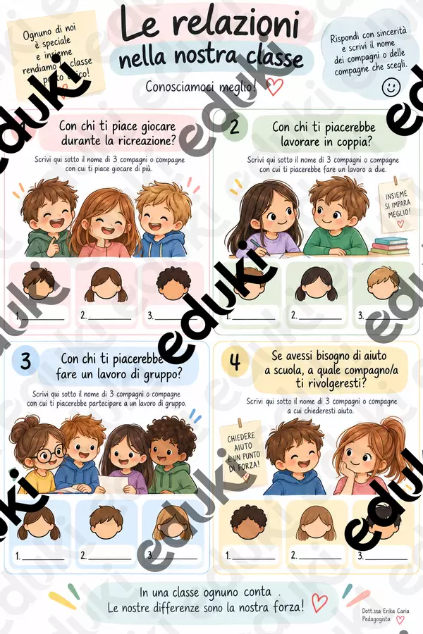 Le relazioni nella nostra classe – Attività sociometrica per osservare le dinamiche del gruppo | Scuola primaria Materiale di supporto/inclusione - Le relazioni nella nostra classe – Attività sociometrica per osservare le dinamiche del gruppo | Scuola primaria - Erika - La tua pedagogista - Pagina di copertina