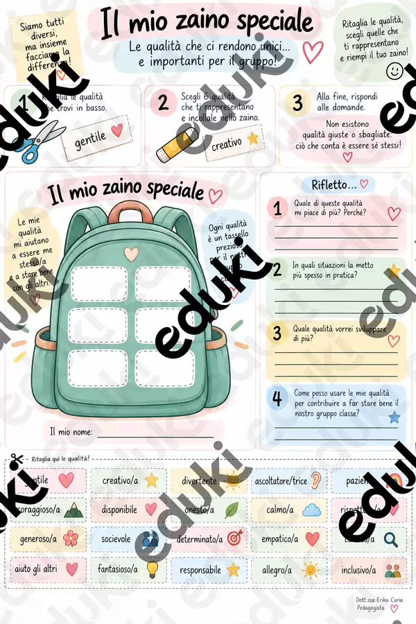 Il mio zaino speciale – Scopro le mie qualità | Attività su autostima e consapevolezza di sé Materiale di supporto/inclusione - Il mio zaino speciale – Scopro le mie qualità | Attività su autostima e consapevolezza di sé - Erika - La tua pedagogista - Pagina di copertina