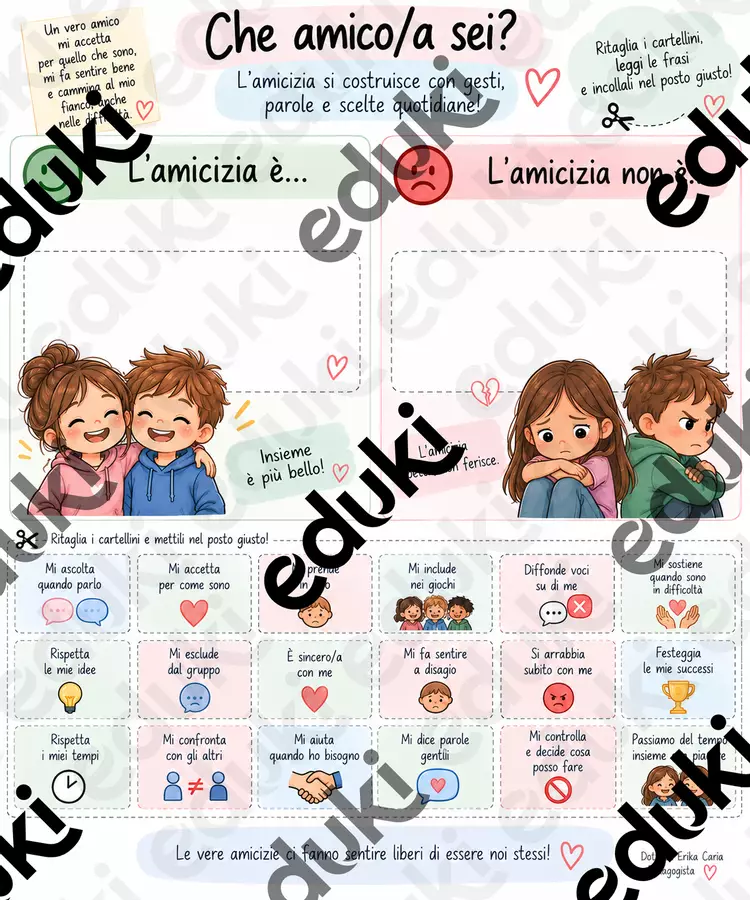 L’amicizia è… L’amicizia non è… | Attività sulle relazioni positive e il rispetto Materiale di supporto/inclusione - L’amicizia è… L’amicizia non è… | Attività sulle relazioni positive e il rispetto - Erika - La tua pedagogista - Pagina di copertina