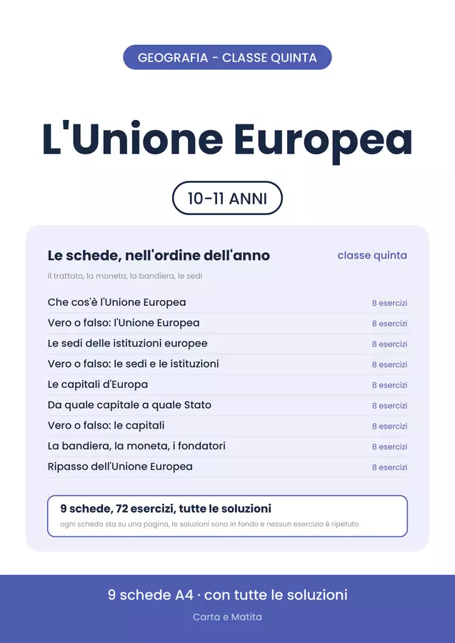 ⭐ L'Unione Europea classe quinta, 9 schede di geografia Esercizi - ⭐ L'Unione Europea classe quinta, 9 schede di geografia - Carta e Matita - Pagina di copertina