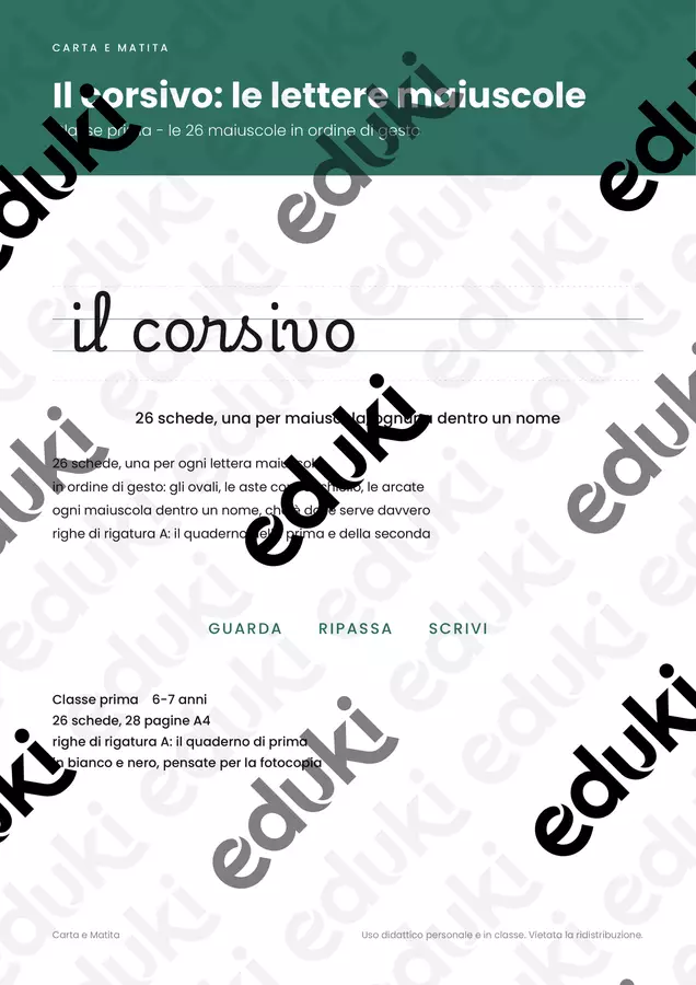 ✏ Il corsivo le lettere maiuscole classe prima, 26 schede Esercizi - ✏ Il corsivo le lettere maiuscole classe prima, 26 schede - Carta e Matita - Pagina di copertina