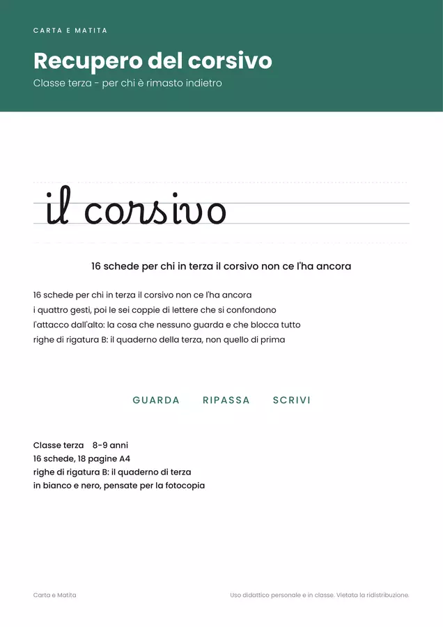 ✏ Recupero del corsivo classe terza, 16 schede Esercizi - ✏ Recupero del corsivo classe terza, 16 schede - Carta e Matita - Pagina di copertina