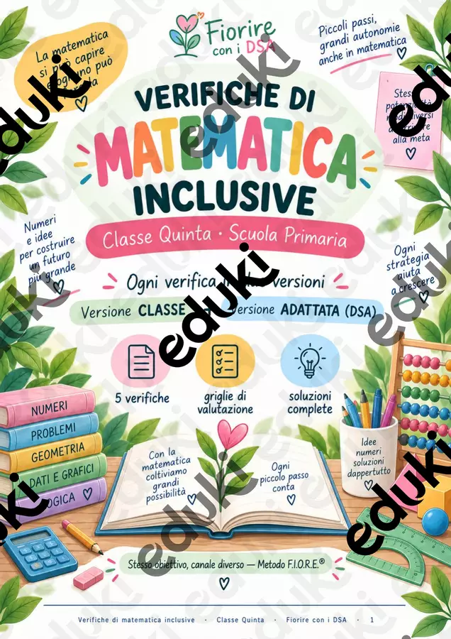 Verifiche matematica inclusive quinta Esercizi - Verifiche matematica inclusive quinta - Maestra Fiore - Fiorire con i DSA - Pagina di copertina