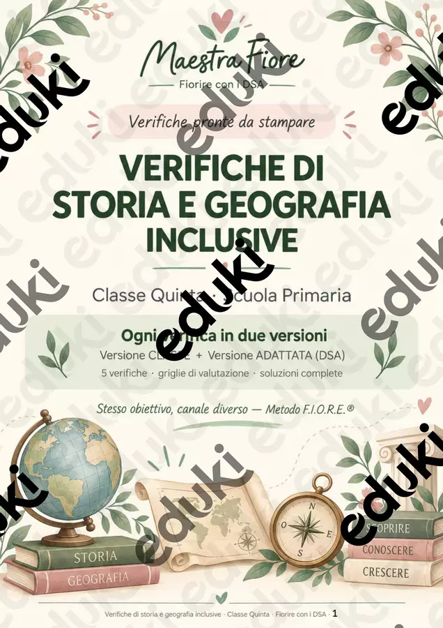 Verifiche storia geografia inclusive quinta Esercizi - Verifiche storia geografia inclusive quinta - Maestra Fiore - Fiorire con i DSA - Pagina di copertina