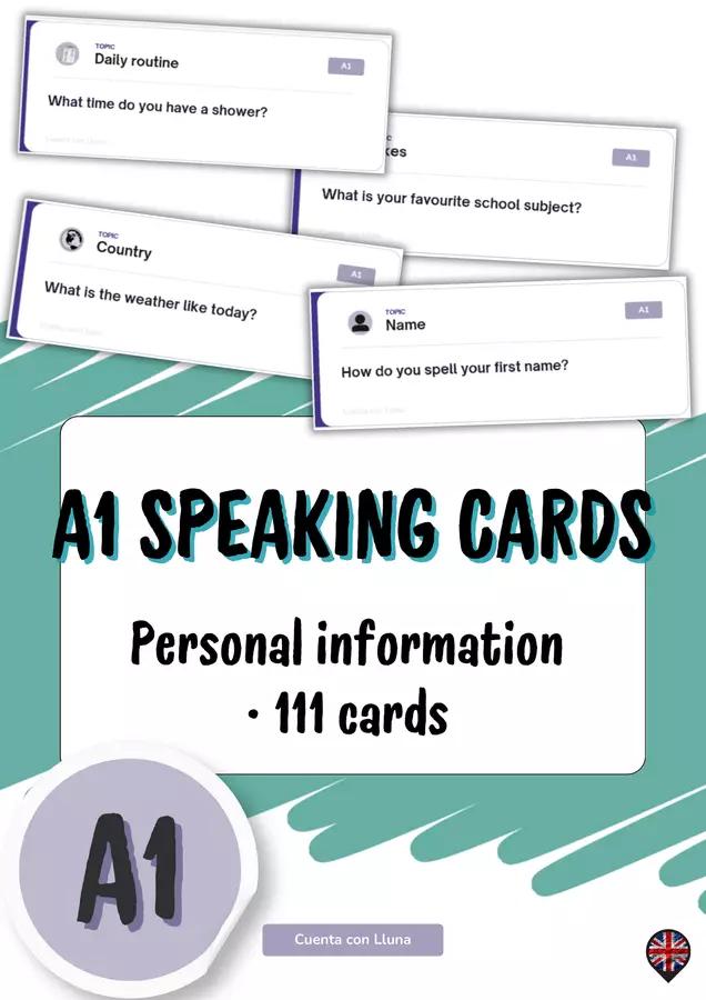 Carte Speaking A1 – Pacchetto conversazione inglese (111 carte) Flashcard - Carte Speaking A1 – Pacchetto conversazione inglese (111 carte) - Cuenta con Lluna - Pagina di copertina