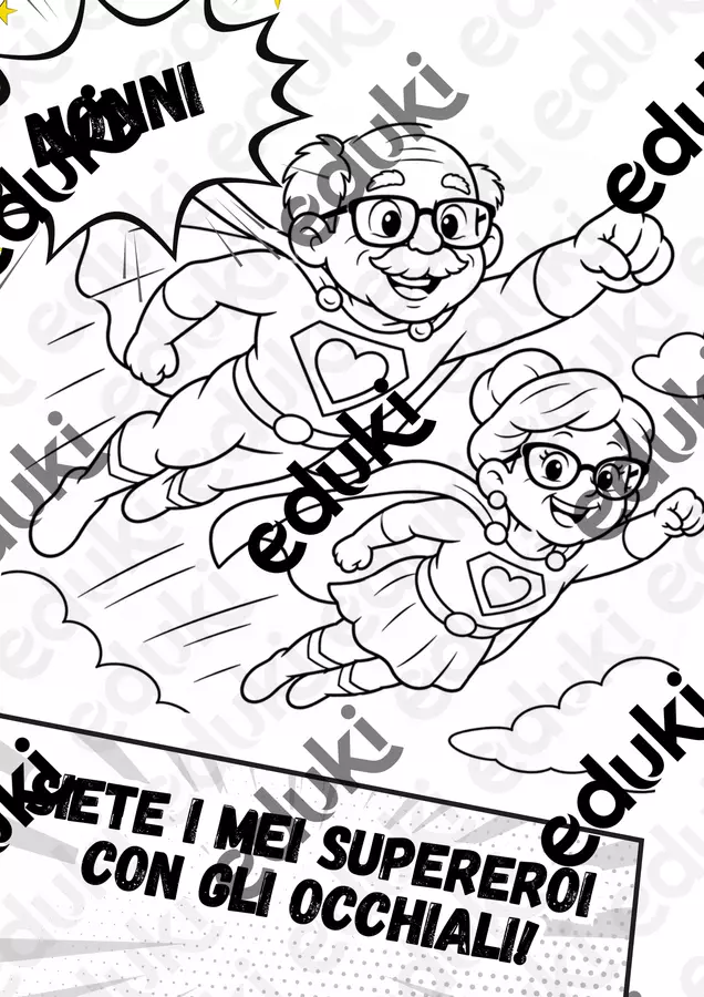 Festa dei Nonni: Kit Biglietti "Super-Nonno & Super-Nonna" da Colorare Materiale per pittura e bricolage - Festa dei Nonni: Kit Biglietti "Super-Nonno & Super-Nonna" da Colorare - Le storie di Anacleto - Pagina di copertina