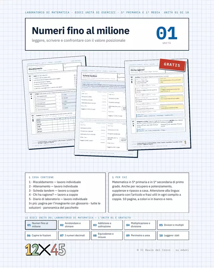 Numeri fino al milione – 5 stazioni, 5ª e 1ª media Esercizi - Numeri fino al milione – 5 stazioni, 5ª e 1ª media - Il Baule del Corvo - Pagina di copertina