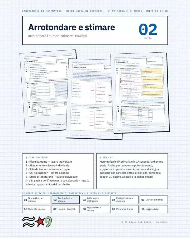 Arrotondare e stimare – 5 stazioni, 5ª e 1ª media Esercizi - Arrotondare e stimare – 5 stazioni, 5ª e 1ª media - Il Baule del Corvo - Pagina di copertina