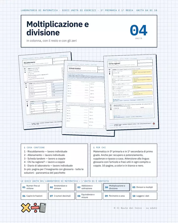 Moltiplicazione e divisione in colonna – stazioni Esercizi - Moltiplicazione e divisione in colonna – stazioni - Il Baule del Corvo - Pagina di copertina