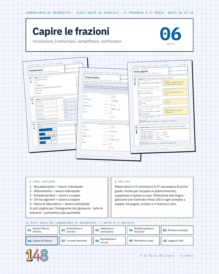 Capire le frazioni – 5 stazioni, 5ª e 1ª media Esercizi - Capire le frazioni – 5 stazioni, 5ª e 1ª media - Il Baule del Corvo - Pagina di copertina
