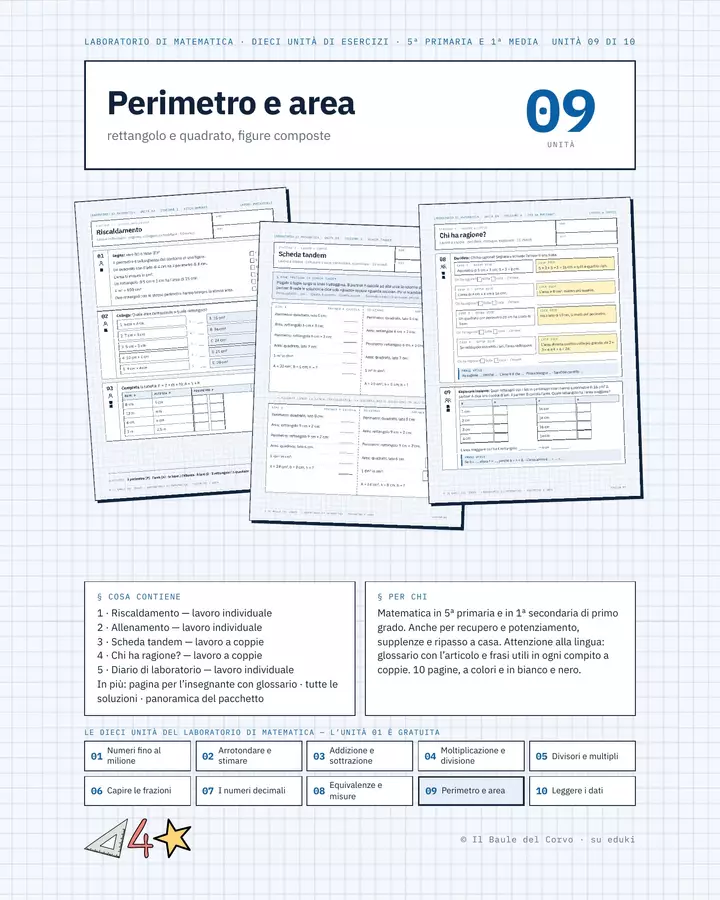 Perimetro e area – 5 stazioni, 5ª e 1ª media Esercizi - Perimetro e area – 5 stazioni, 5ª e 1ª media - Il Baule del Corvo - Pagina di copertina