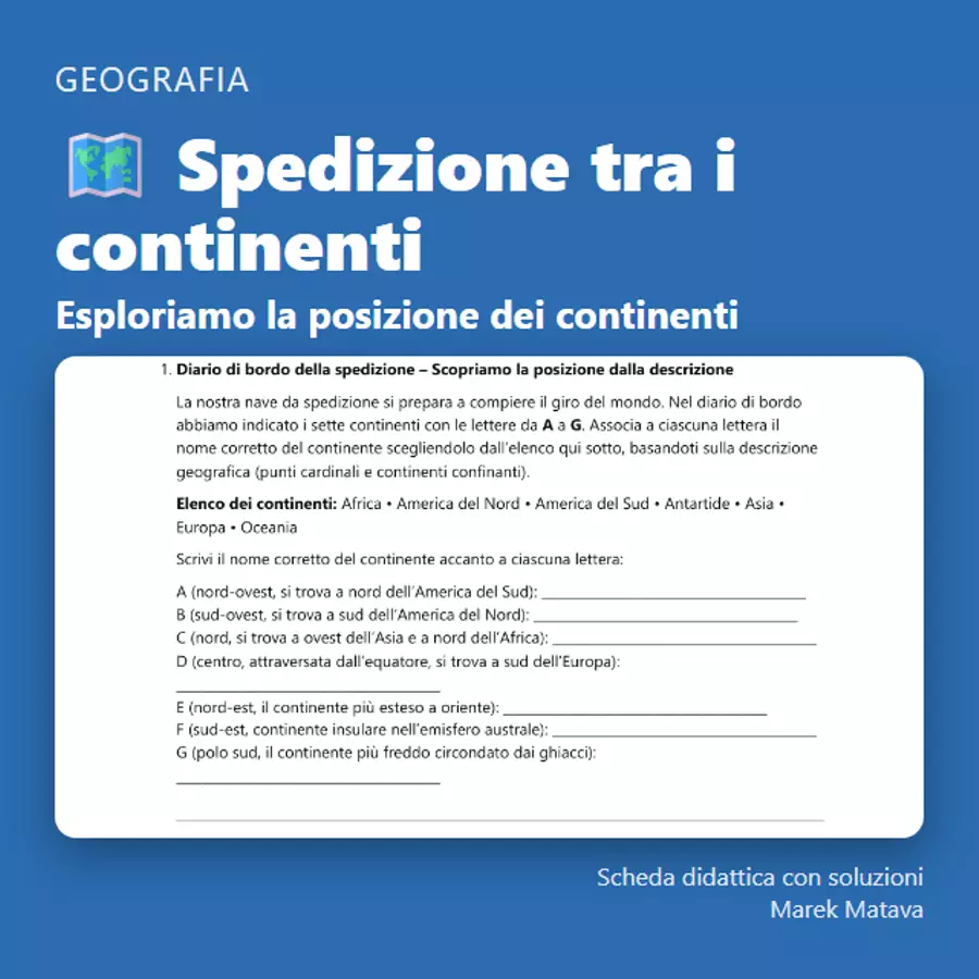 🗺️ Spedizione tra i continenti – Esploriamo la posizione dei continenti (classe quinta) Esercizi - 🗺️ Spedizione tra i continenti – Esploriamo la posizione dei continenti (classe quinta) - Marek Matava - Pagina di copertina