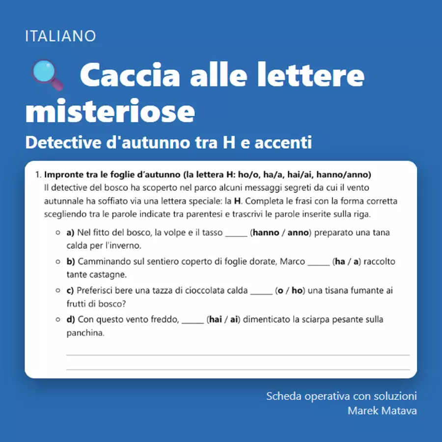 🔍 Caccia alle lettere misteriose – Detective d'autunno tra H e accenti (classe terza e quarta) Esercizi - 🔍 Caccia alle lettere misteriose – Detective d'autunno tra H e accenti (classe terza e quarta) - Marek Matava - Pagina di copertina