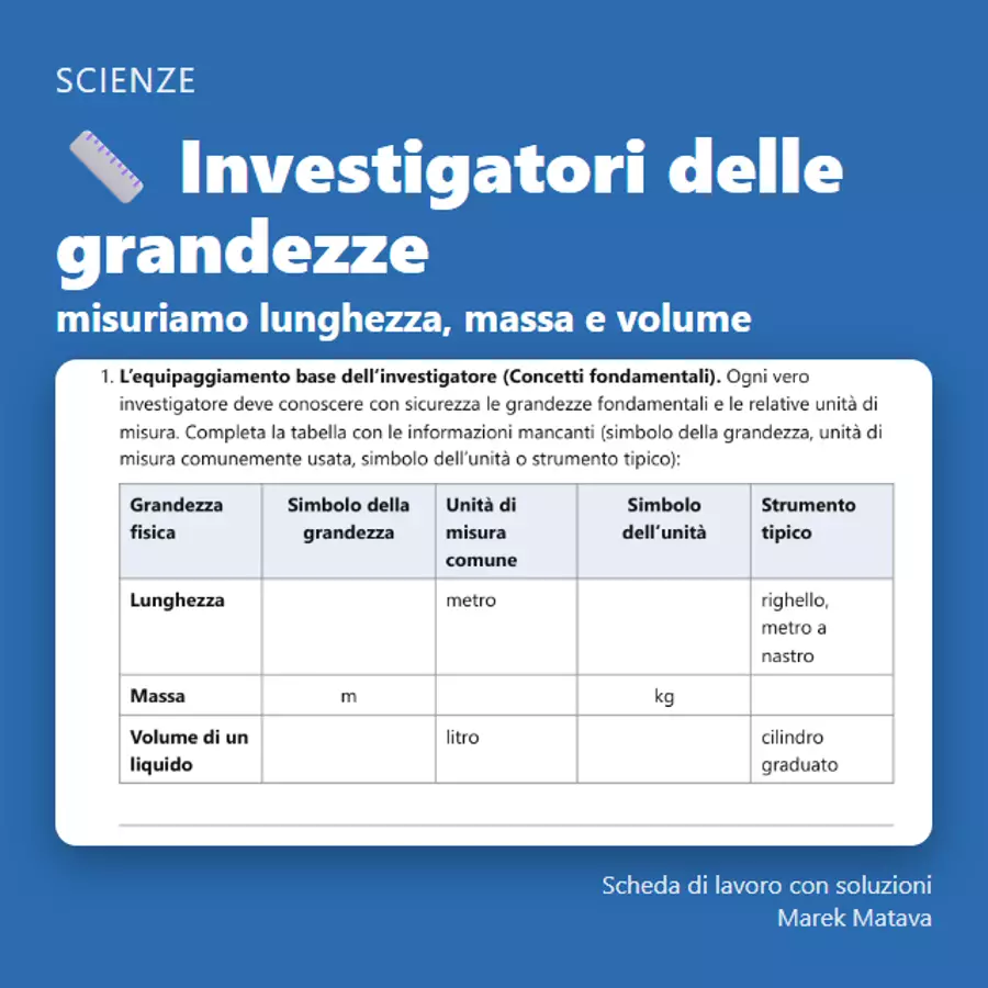 📏 Investigatori delle grandezze – misuriamo lunghezza, massa e volume (1ª media) Esercizi - 📏 Investigatori delle grandezze – misuriamo lunghezza, massa e volume (1ª media) - Marek Matava - Pagina di copertina