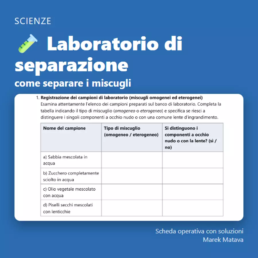 🧪 Laboratorio di separazione – come separare i miscugli (classe seconda) Esercizi - 🧪 Laboratorio di separazione – come separare i miscugli (classe seconda) - Marek Matava - Pagina di copertina
