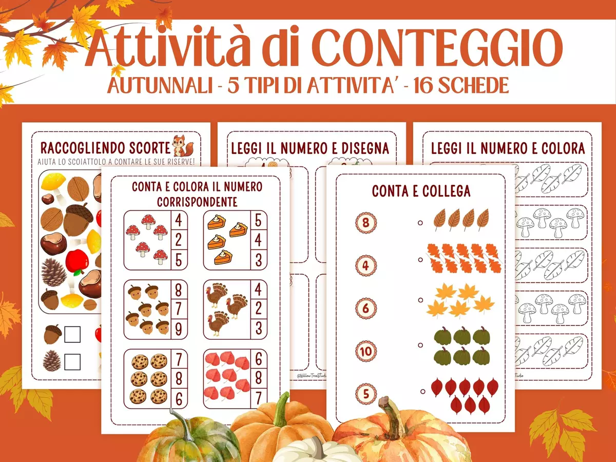 Schede Autunnali Conteggio Matematica per Infanzia e Prima Elementare | Attività Numeri 1–10 | Schede Didattiche Stampabili, Giochi Matematici, Conta e Collega, Conta e Colora, I SPY Autunno, Early Algebra Esercizi - Schede Autunnali Conteggio Matematica per Infanzia e Prima Elementare | Attività Numeri 1–10 | Schede Didattiche Stampabili, Giochi Matematici, Conta e Collega, Conta e Colora, I SPY Autunno, Early Algebra - Willow Tree Studio - Pagina di copertina